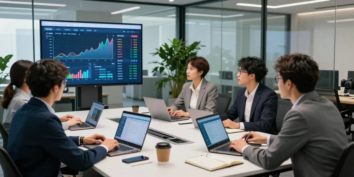 Collaboration d'équipe dans un espace de travail moderne sur le digital banking avec des analyses sur écran.