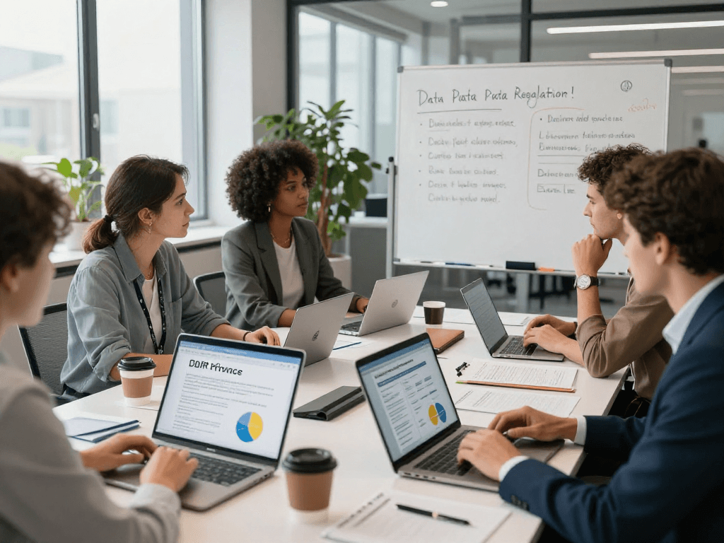 Wissen / Blog-Hub über Datenschutz und DSGVO-Compliance in einem modernen Büro mit engagierten Fachleuten.