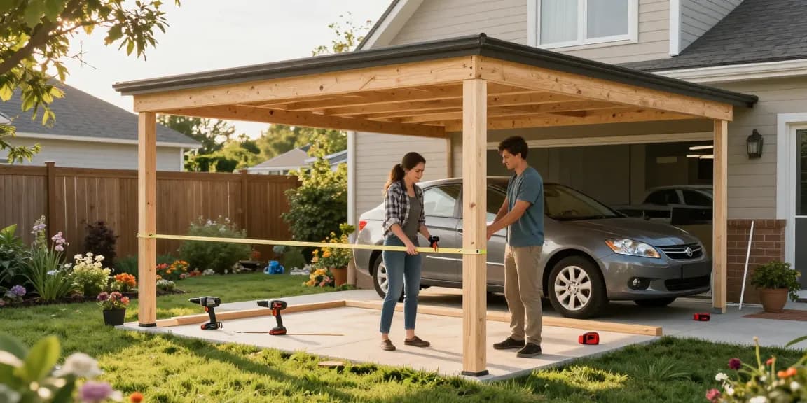 Moderne Carport-Bauarbeiten mit einem Paar und Werkzeug im Garten.