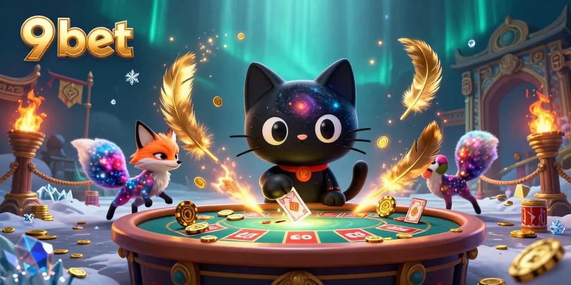Experience cosmic excitement with 9 bet in this vibrant gambling scene featuring a black hole cat.