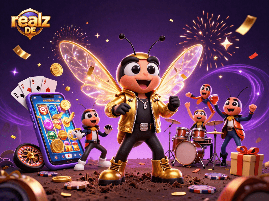 Energiegeladenes Schauspiel mit realz DE: Ein erfolgreicher cicada Rockstar und seine Band umgeben von Casino-Spielen.