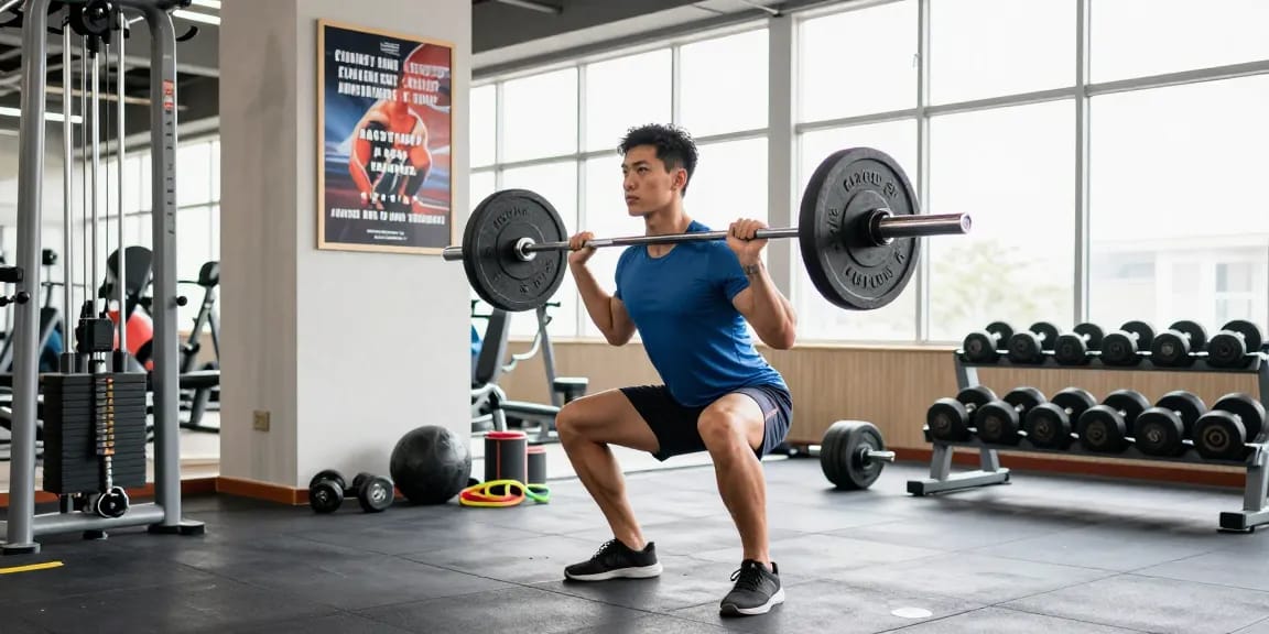 Deus Medical Steroide in einem modernen Fitnessstudio mit einem Athleten beim Krafttraining.