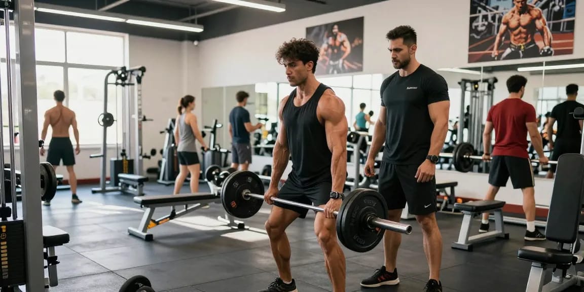 Anabolika kaufen im Fitnessstudio, Bodybuilder hebt Gewichte mit Trainer und motivierenden Plakaten um ihn herum.