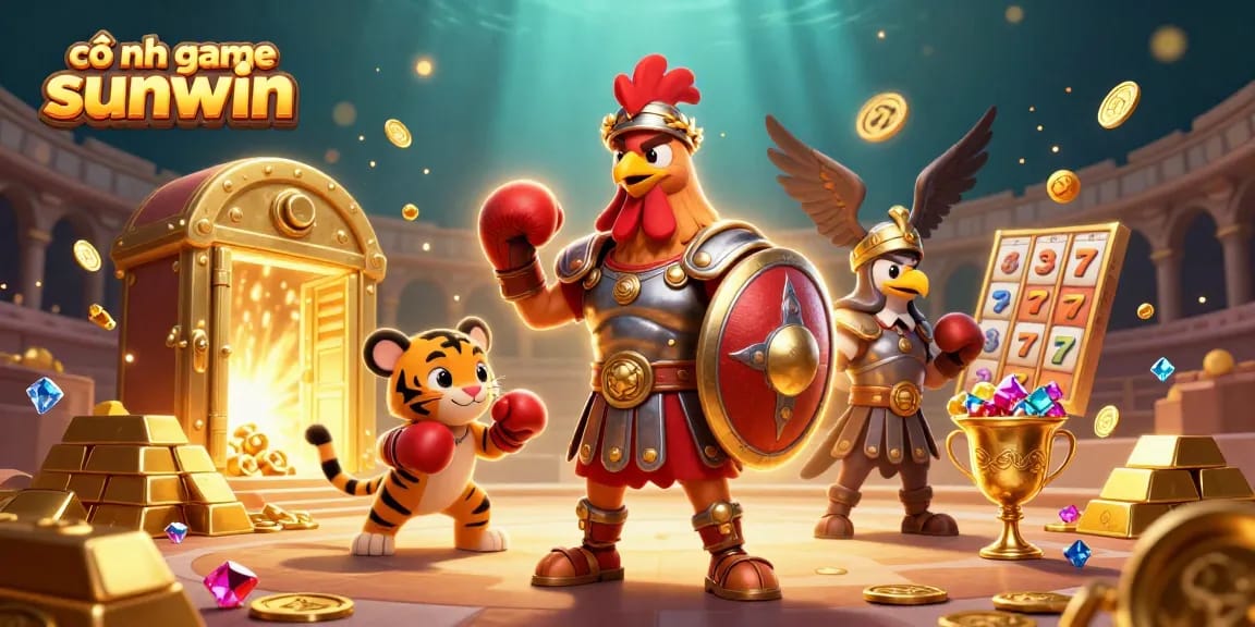 Spin the reels with the vibrant cổng game sunwin featuring a gladiator rooster amidst sparkling gems.