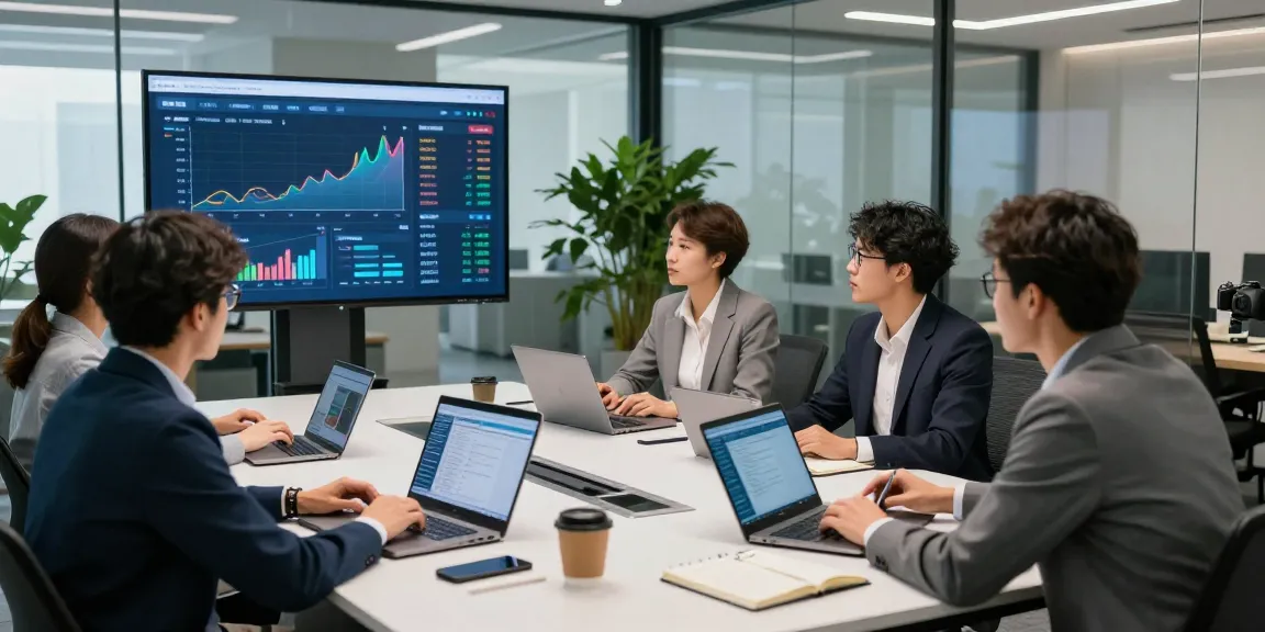 Collaboration d'équipe dans un espace de travail moderne sur le digital banking avec des analyses sur écran.
