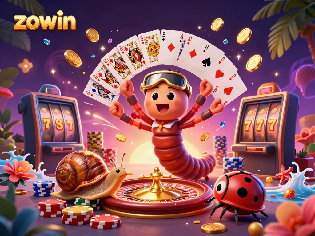 Zowin offers a fun casino experience with colorful poker elements amidst falling coins and vibrant characters.