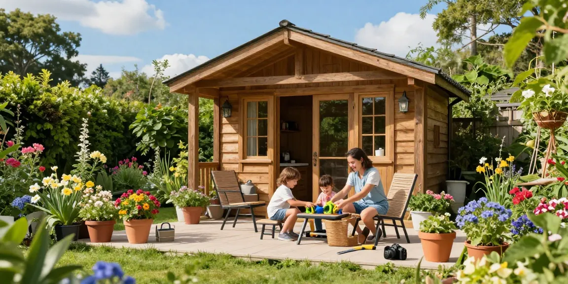 Gemütliches Garten Haus mit Familie bei der Gestaltung des Außenbereichs