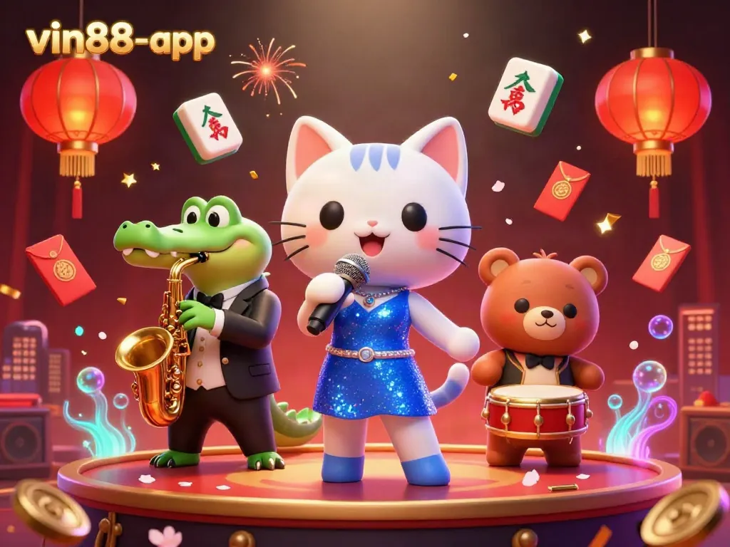 Engage with the vibrant casino world of vin88-app, featuring lively characters and dynamic gaming elements.