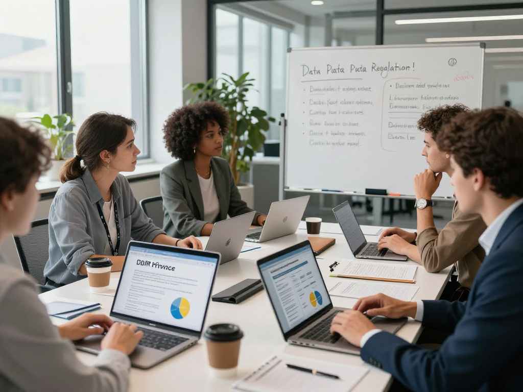 Wissen / Blog-Hub über Datenschutz und DSGVO-Compliance in einem modernen Büro mit engagierten Fachleuten.