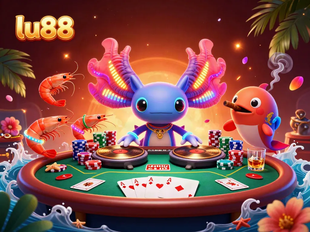 Experience the vibrant gaming scene at lu88 with an axolotl DJ and poker atmosphere.
