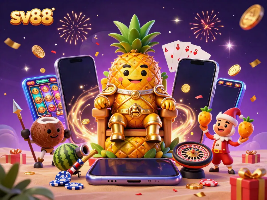 Experience excitement at sv88 with a vibrant scene of a golden pineapple king presiding over a lively casino atmosphere.
