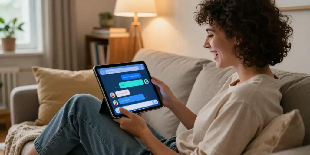 Person enjoying a spicy chat with a flirty AI chatbot on a tablet in a cozy living room.