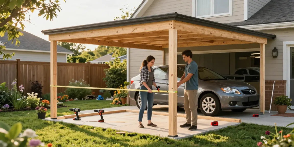 Moderne Carport-Bauarbeiten mit einem Paar und Werkzeug im Garten.