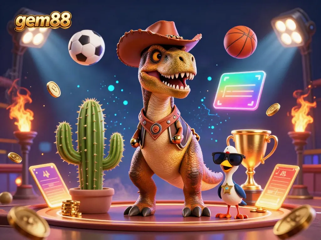 Engage with gem88 as a T-Rex cowboy celebrates dynamic winnings in a vibrant casino scene.