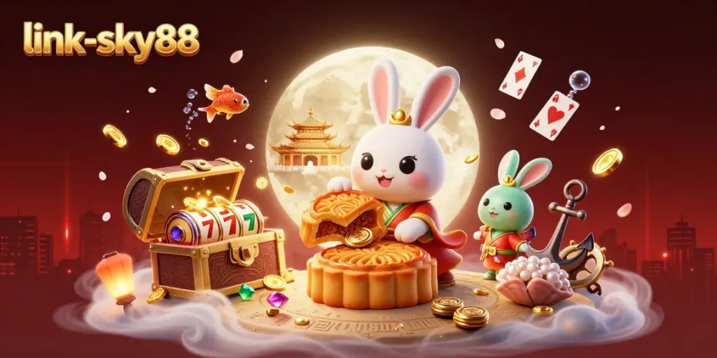 Join the action at link-sky88 with a moon rabbit gambling scene filled with poker chips and golden treasures.