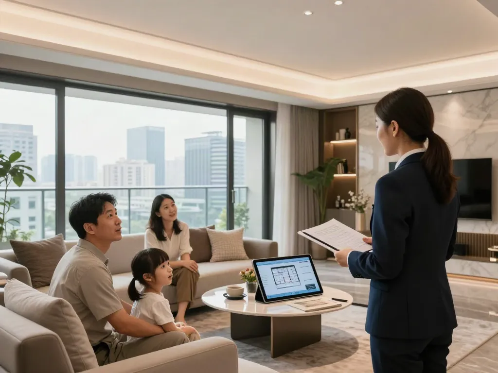 Bester Immobilienmakler Frankfurt präsentiert luxuriöse Wohnung an potenzielle Käufer, moderne Innenausstattung und große Fenster mit Stadtblick.