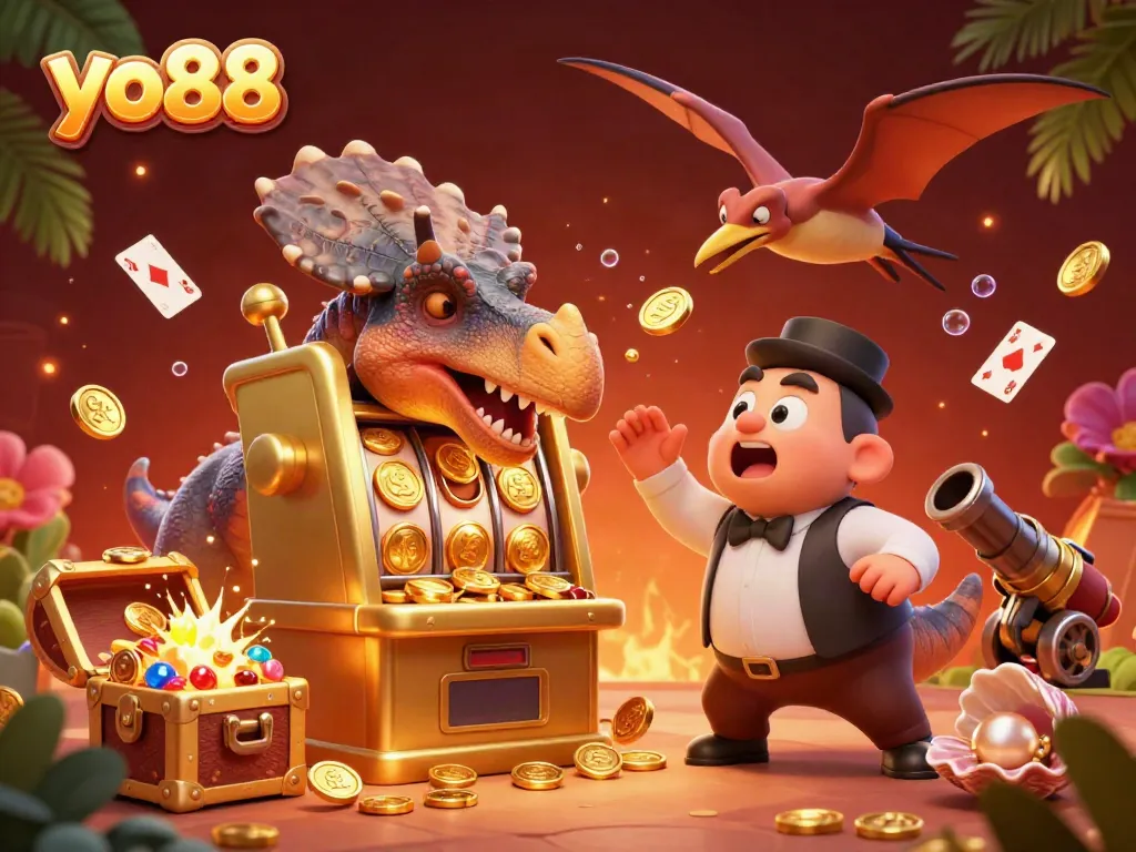 Experience the excitement of yo88 with a pachycephalosaurus celebrating a jackpot win at a golden slot machine.