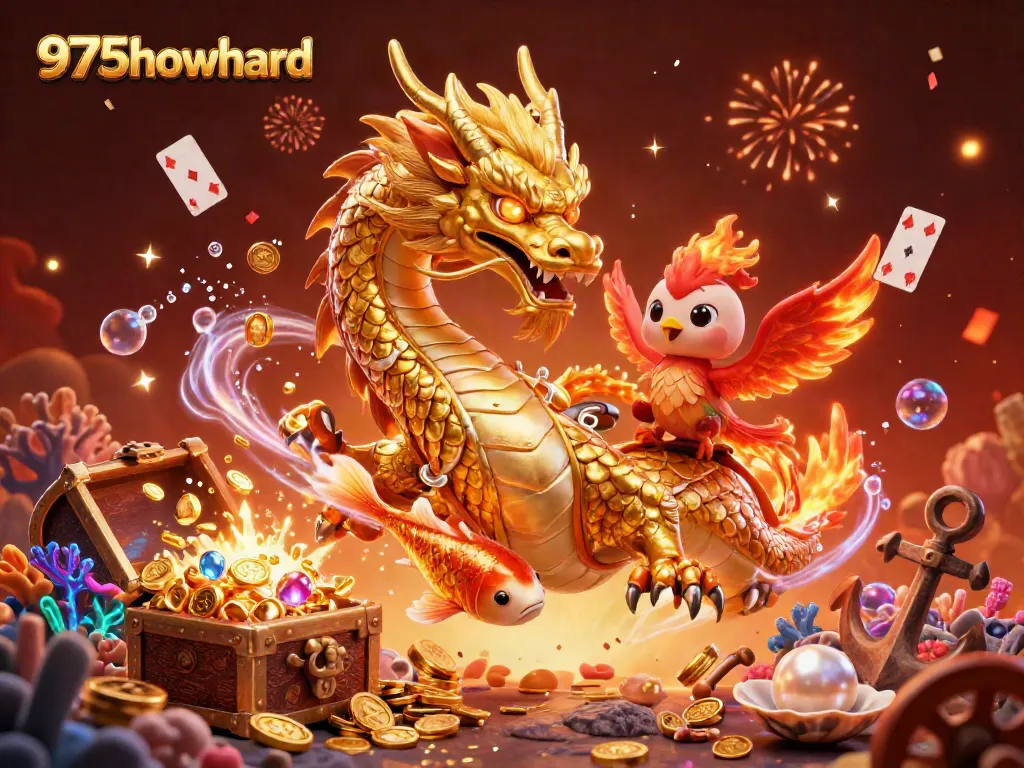Engage with thrilling gaming at 975howard, featuring a vibrant dragon, phoenix, and koi fish.