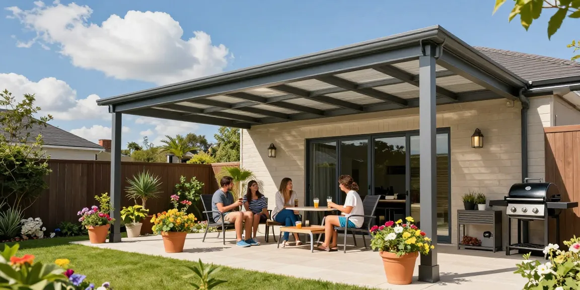 Moderne Terrassenüberdachung bietet Schatten und Schutz für Familie im Garten.