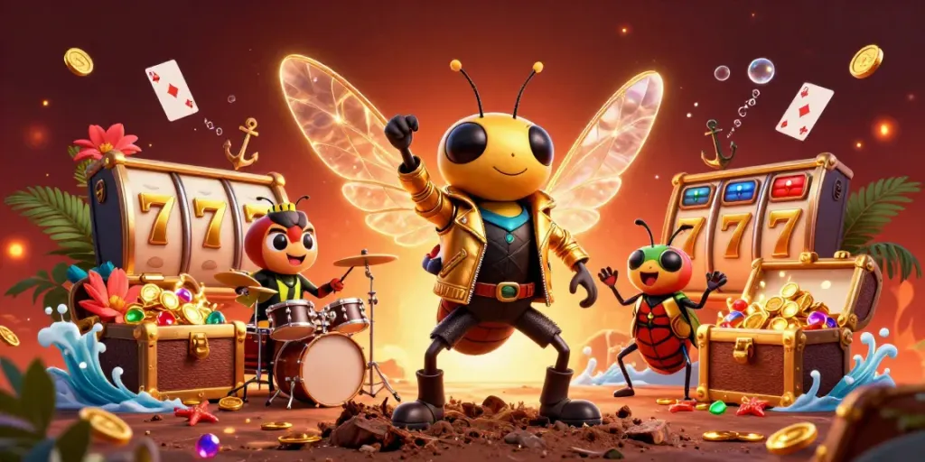 Experience the thrill of red88 with a dynamic illustration featuring rock star cicadas amidst casino elements.