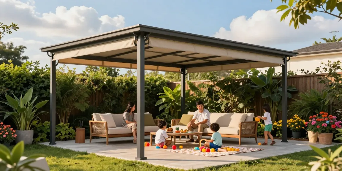 Terrassenüberdachung freistehend in einem schönen Garten mit einer Familie, die einen sonnigen Tag genießt.