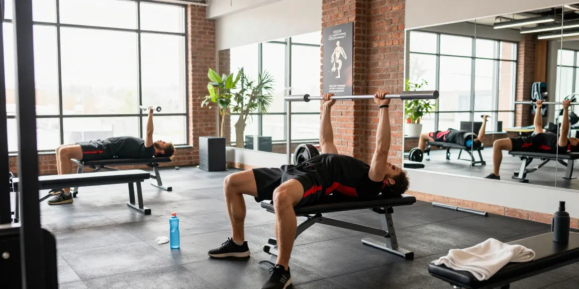Steroidshop - Fitnessszene mit Bodybuilder beim Bankdrücken und motivierenden Elementen im Hintergrund