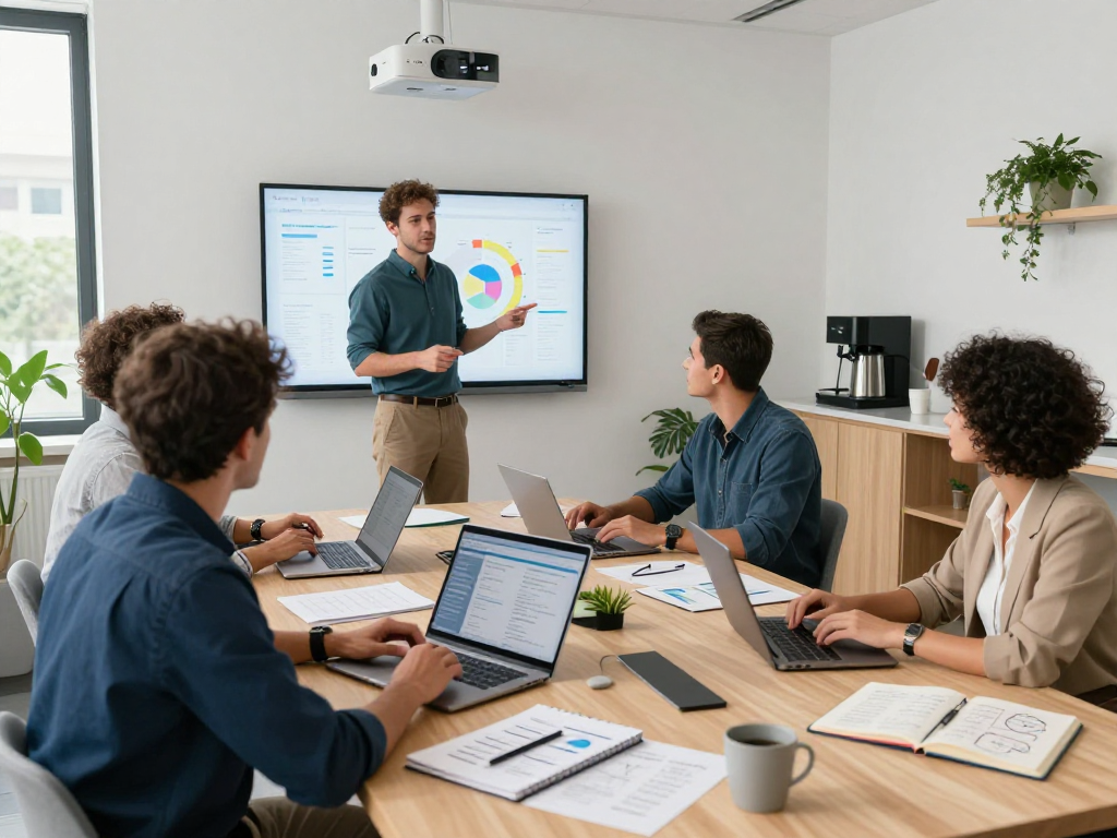 Dynamic team collaboration scene reflecting Wissen / Blog-Hub in a modern office.