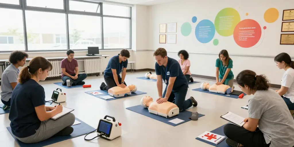 Defibrillator kaufen während einer CPR-Ausbildung, die Teilnehmer üben an einem Reanimationsmodell.