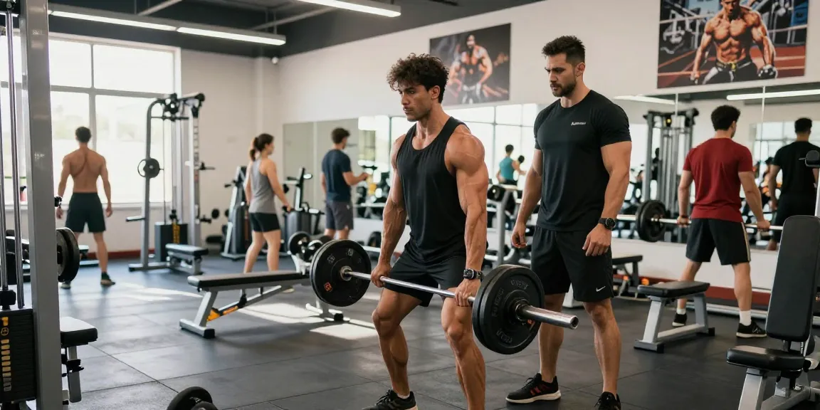 Anabolika kaufen im Fitnessstudio, Bodybuilder hebt Gewichte mit Trainer und motivierenden Plakaten um ihn herum.