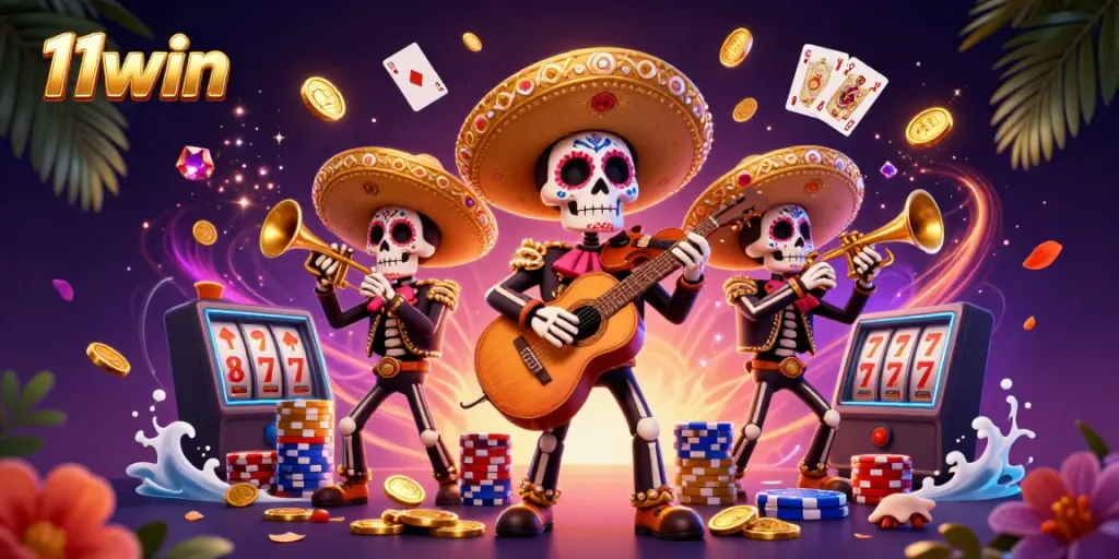Experience vibrant gaming energy with 11win's colorful casino illustration featuring a mariachi band.