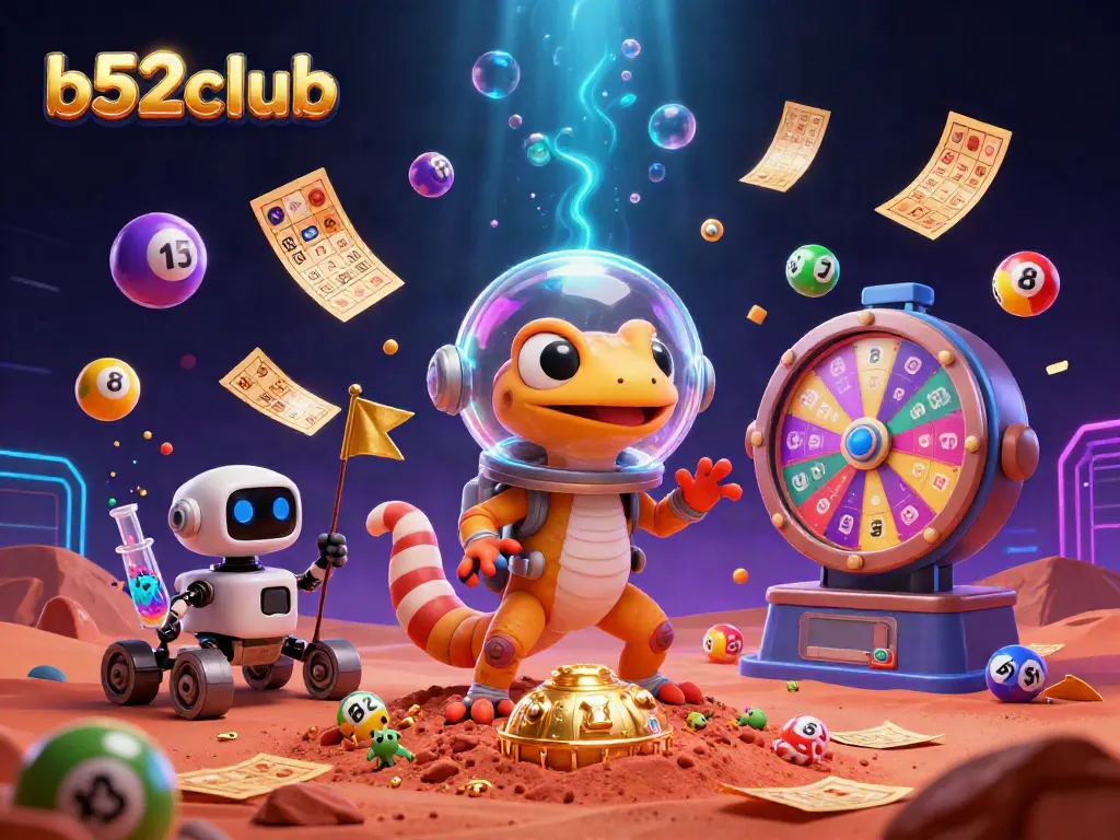 Engage in the b52club with dynamic lottery elements and vibrant casino atmosphere in an alien landscape.
