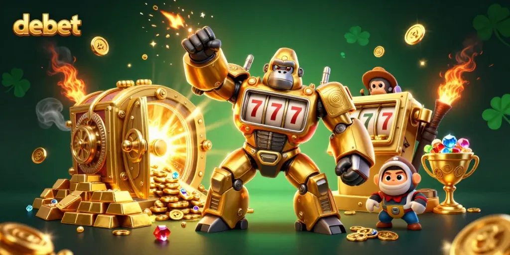 Experience thrilling gameplay at debet with a golden gorilla mech amidst sparkling treasures.