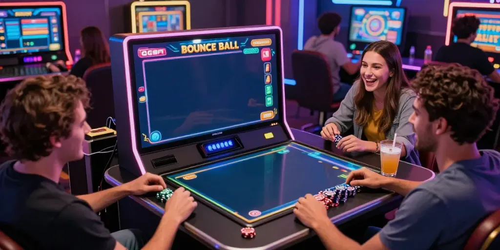 Exciting gaming scene with players enjoying the GGSOFT Bounce Ball slot game in a vibrant casino atmosphere.