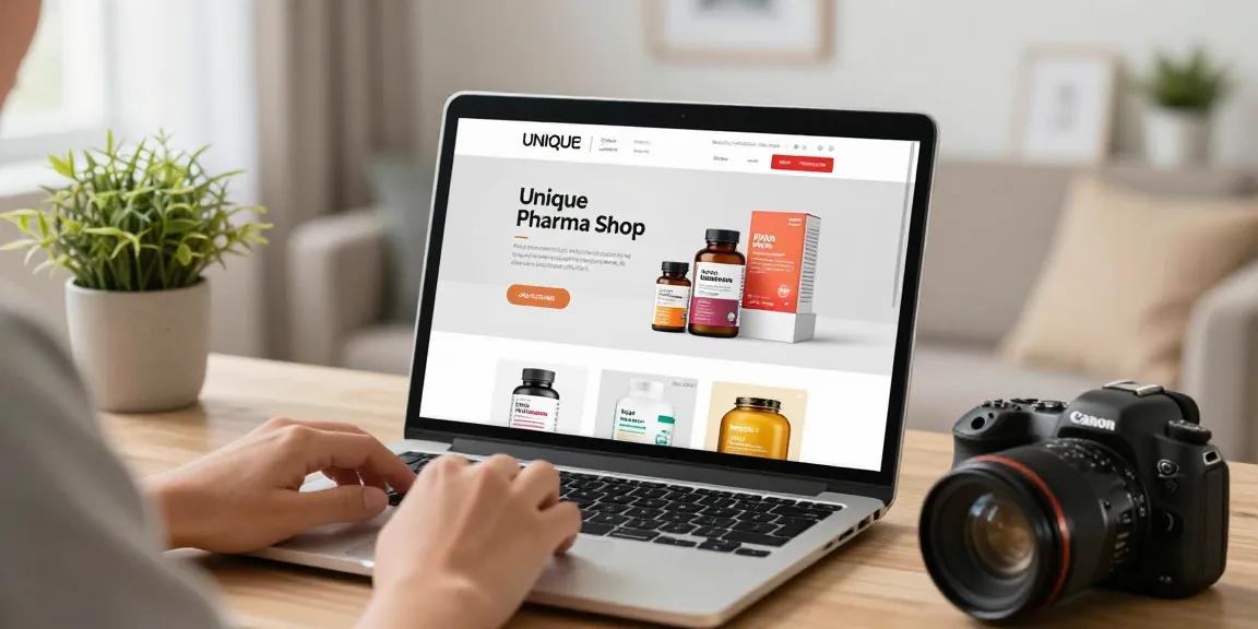 Online Einkaufsatmosphäre im Unique Pharma Shop mit hochwertigen Supplements und Gesundheitspflegeprodukten