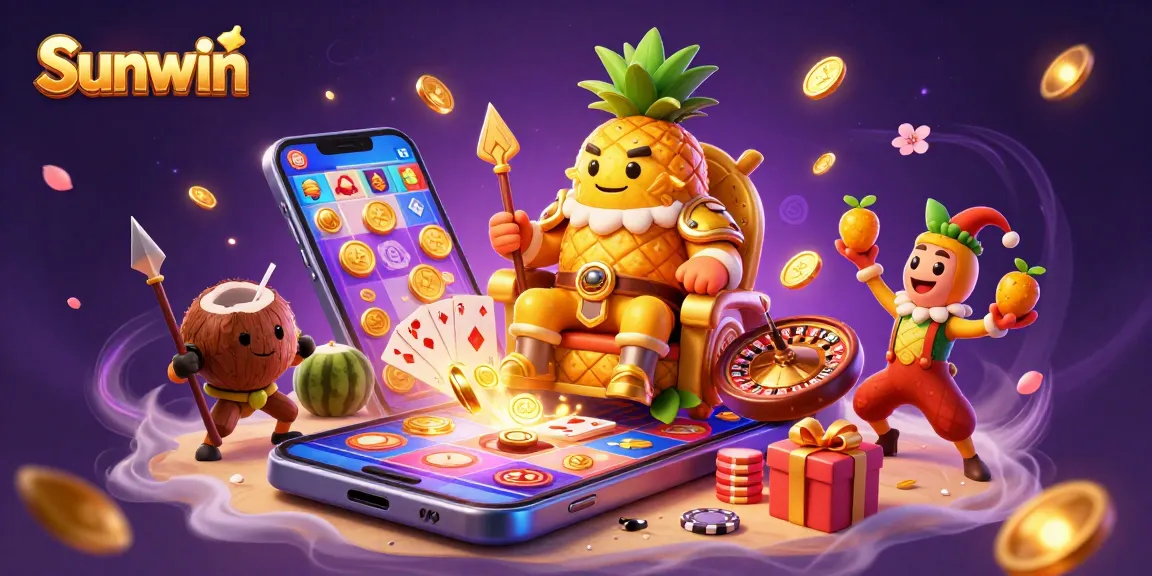 Play thrilling casino games with Sunwin, featuring a vibrant 3D scene of a pineapple king and engaging game elements.