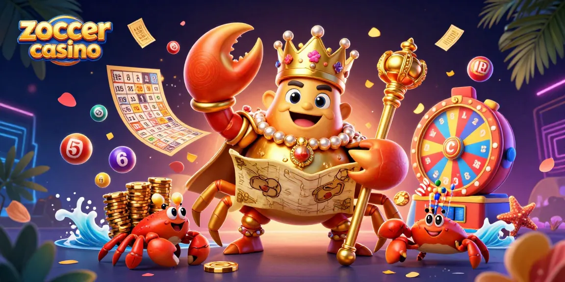 Experience the excitement of zoccer casino with this vibrant illustration showcasing a golden crab emperor amid lively gaming elements.