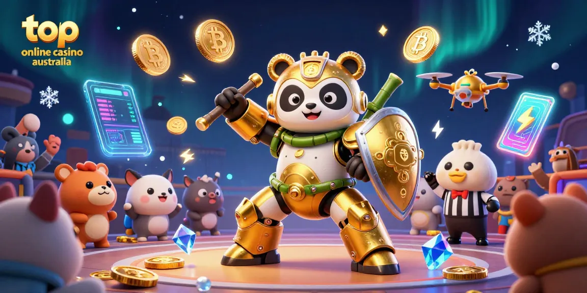 Engage with top online casino Australia featuring a golden panda in a mech-suit battling in a vibrant arena.